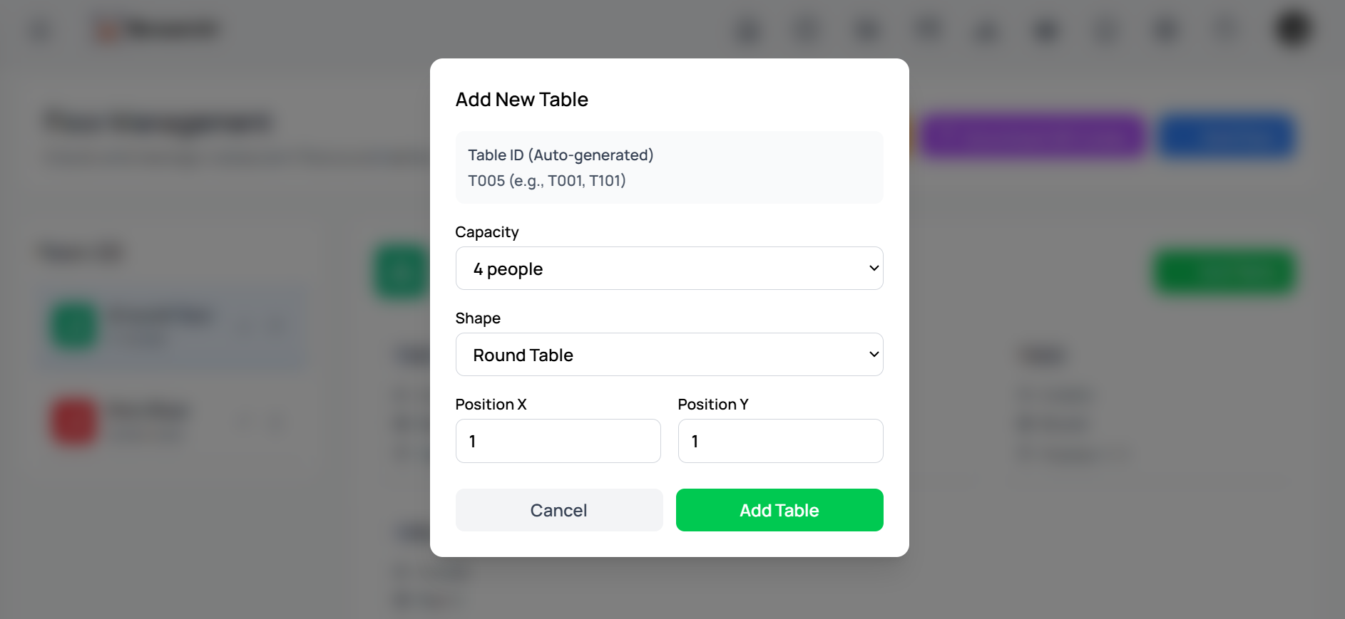 Dine-In Management view 1