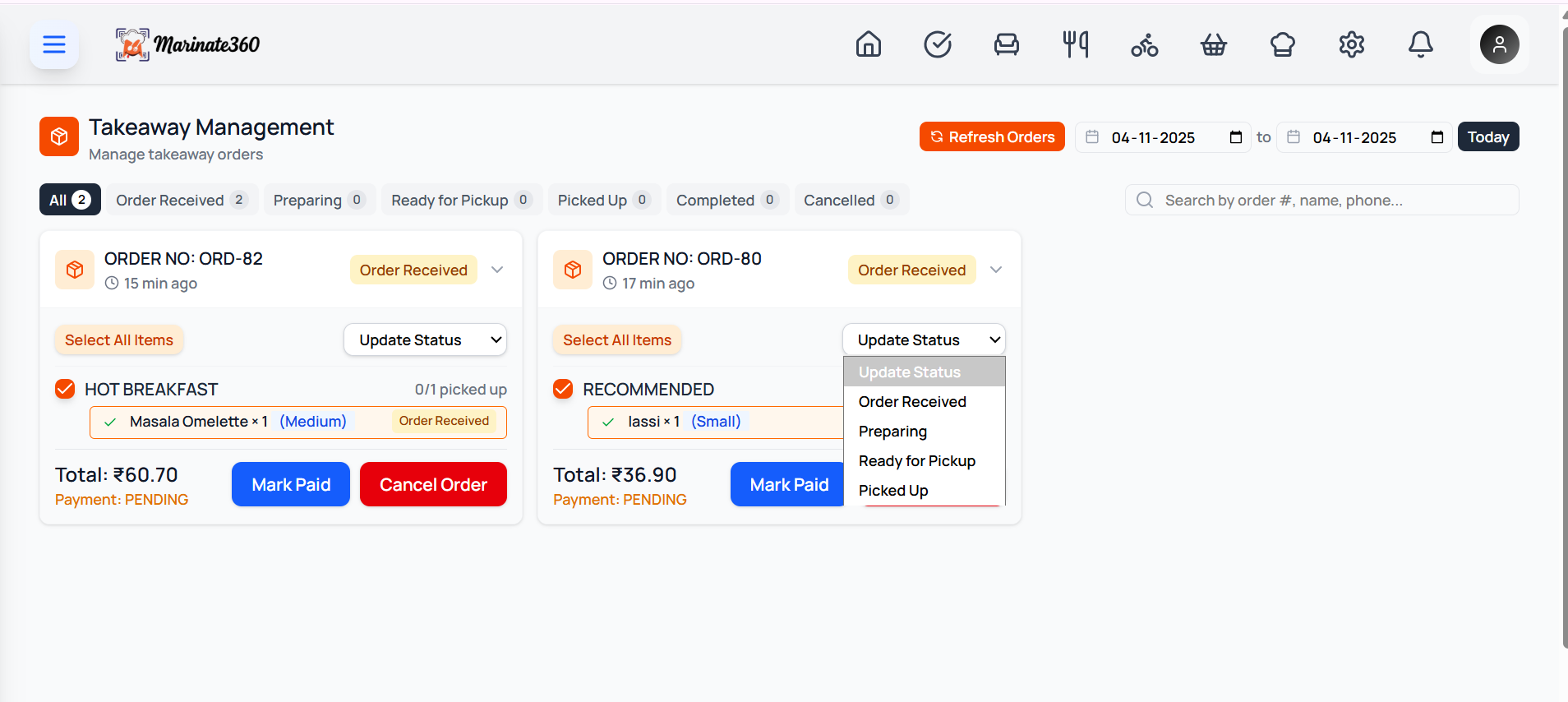 Takeaway Orders view 1